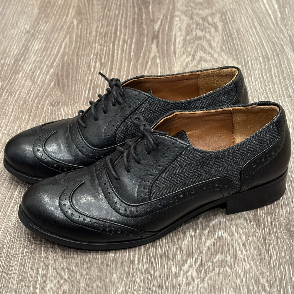 Julia Bo Black Leather Herringbone Wingtip Oxford Shoes Brogue Academia Preppy 6